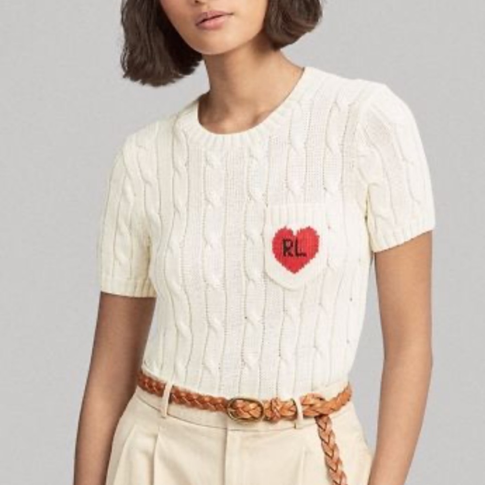 Ralph Lauren Cream Cable Knit Tee with Red Heart
